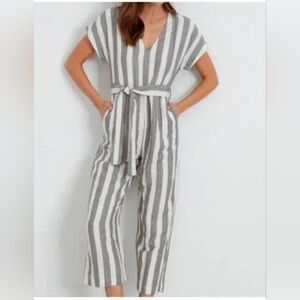 Rails Ivory / Cream with Charcoal Gray Striped Tie-Waist Jumpsuit